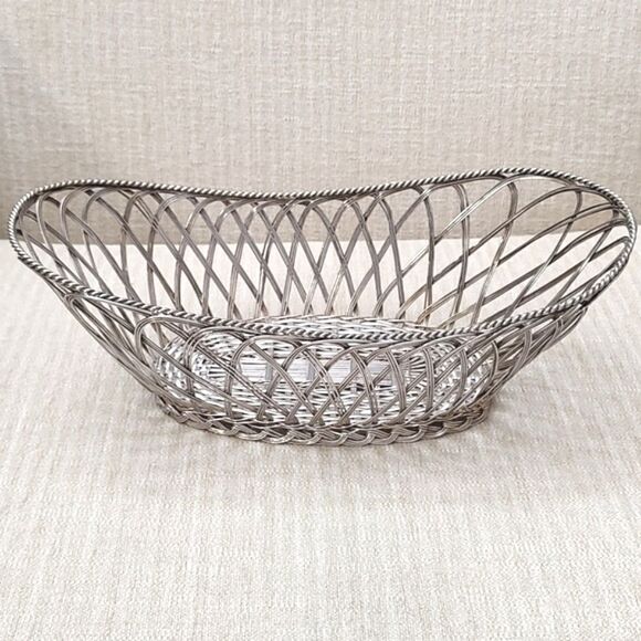 Silver Woven Metal Oval Basket Vintage - Picture 1 of 8